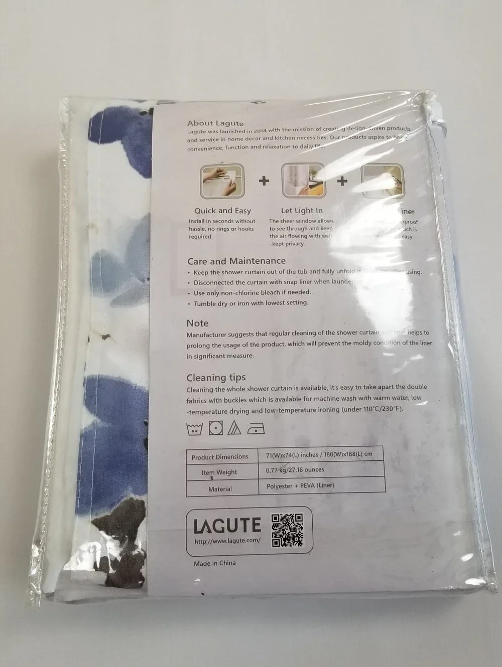 Lagute Snap Hook Shower Curtain 71x74 NWT